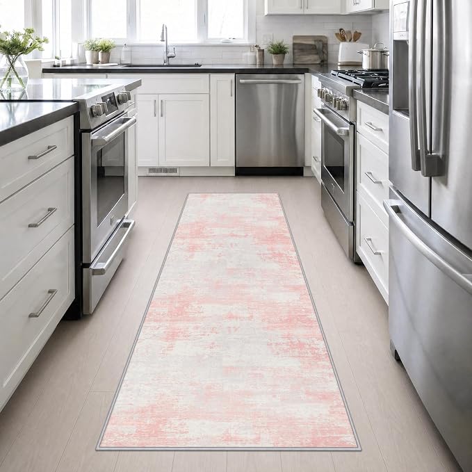 2.6x10 Washable Runner Rug:Modern Abstract Soft Carpet Pink White | For Hallway, Bedroom, Kitchen, Laundry, Bathroom,Door Mat,Modern Abstract,Machine washable,Non-Slip,Stain Resistant,Indoor