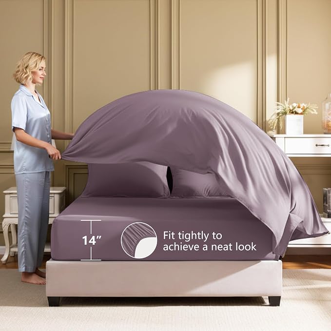 HIMEET Queen Comforter Set, 7-Piece Point-Quilted Bed in a Bag Dusty Purple | OEKO-TEX Certified, Lightweight 240 GSM Comforter, Flat Sheet, 14-Inch Deep-Pocket Fitted Sheet, Pillowcases & Shams
