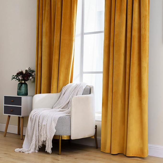 MIULEE Velvet Blackout Curtains 52x90 inches 2 Panels Mustard Yellow | Luxury, Bedroom Living Room, Thermal Insulated, Fall Decor, Super Soft Window Drapes Rod Pocket & Back Tab