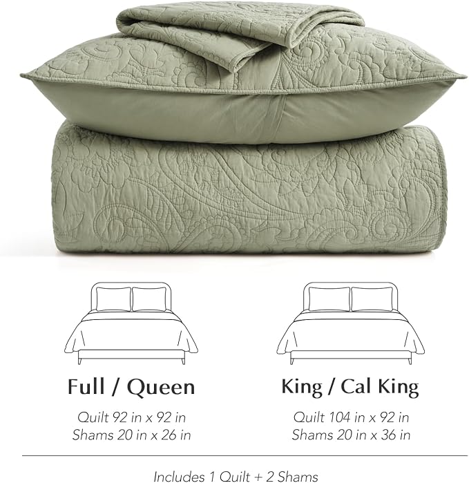 EVERGRACEHOME 100% Cotton Paisley Quilt Set, King Size, Light Sage Green | Prewashed for Softness, Year-Round Breathability, Gift-Ready Box, Matelasse-style Quilted Coverlet, 3 Piece Set with 2 Shams