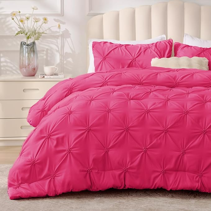 BEDELITE King Comforter Set Hot Pink,Lightweight & Soft Comforter | Pintuck Boho Bedding, Warm & Cute Bed Set for All Season,With 2 Pillowcases