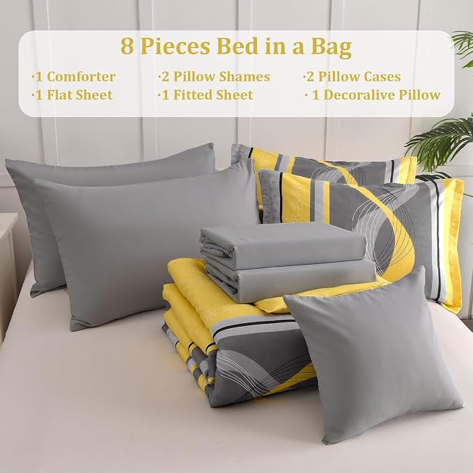 Anibedding Yellow Comforter Set Full Size,8 Pieces Bed in a Bag Patchwork Striped Bedding Sets,Boho Soft Microfiber Bedding Set for All Season(78"×90")