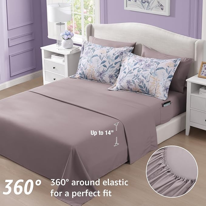 Full Size Comforter Sets - 7 Pieces Floral Bed in a Bag Full Bedding Set | Purple Botanical Flowers Comforter Set with Sheets, Pillowcases & Shams for All Seasons