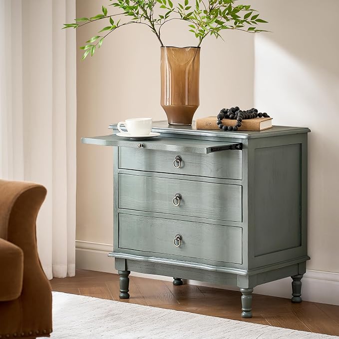HULALA HOME Solid Wood End Table with Charging Station, 3 Drawer End Table with Pull-Out Tray, USB & Type-C Ports, Traditional Curved Front Accent Side Table for Living Room Sofa, Blue