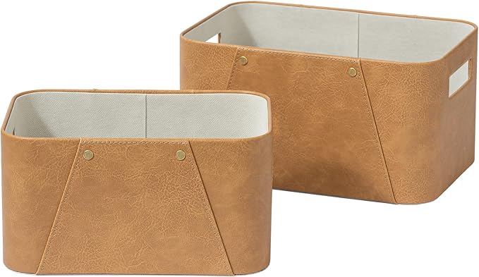LA JOLIE MUSE Faux Leather Storage Baskets for Organizing, Camel 2 Pack | Sturdy Decorative Storage Bins for Closet, Shelf, Office Cabinets, Organizer Baskets for Toys, Books and Home Essentials