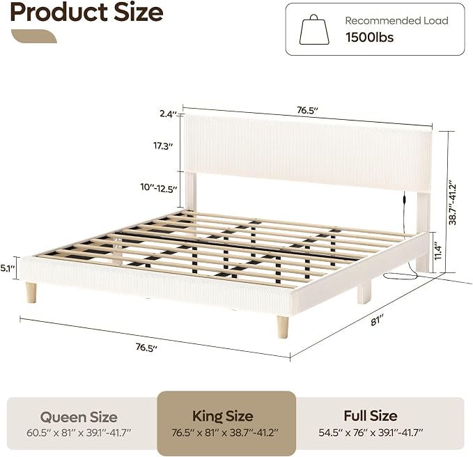 Bestier King Size Bed Frame with Headboard LED Lighting,Upholstered,Beige | Easy Assembly,LED Lighting Headboard,No Squeaks,Vertical Channel Corduroy Upholstered,Wood Slats Support,No Box Spring Needed