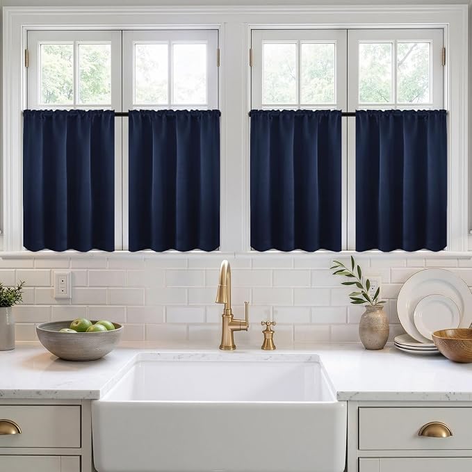 MIULEE 4-Panel 36 Inch Blackout Kitchen Tier Curtains Over Sink Navy Blue | Privacy Protection, Heat/Light Blocking, Cafe Curtains, Top&Bottom Rod Pocket, Suitable for Small Windows, Soft&Durable