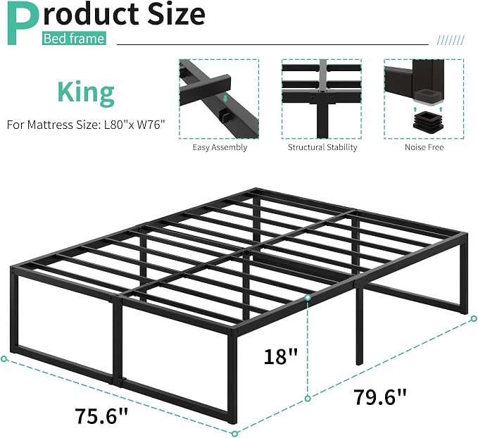 Lutown-Teen 18 Inch King Bed Frame with Heavy Duty Steel Slat Support | Sturdy Mattress Foundation, Metal Platform Beds No Box Spring Needed, Noise Free, Easy Assembly, Black