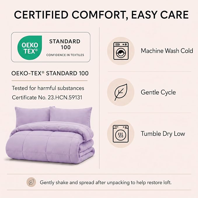 Full Size Comforter Sets Lavender - 7 Pieces Bed in a Bag | OEKO-TEX Certified, All-Season, Bedroom, Guest Room, Down-Alternative Comforter + Flat & Fitted Sheets + 4 Pillowcases