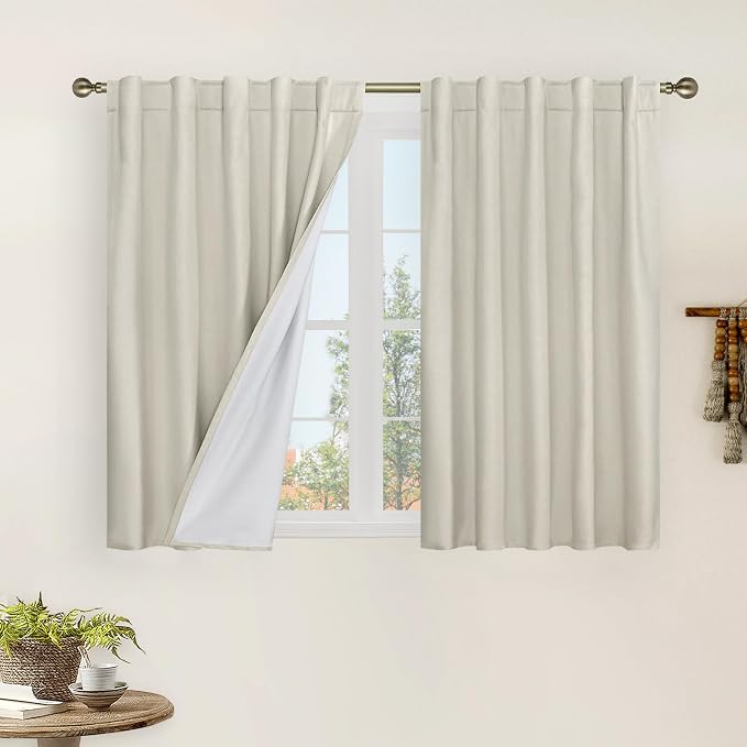 Stone 100% Blackout Short Linen Curtains for Cafe 40 Inch 2 Panels | Linen Textured, Thermal Kitchen Curtains, Privacy, Short Window Panels, Rod Pocket Back Tab, with White Liner, 42 x 40 Inch