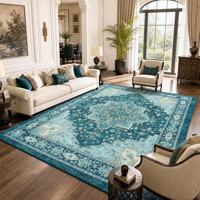 AMADA HOMEFURNISHING 8x10 Area Rug for Living Room, Vintage Washable Area Rug Low-Pile & Non-Slip Carpet for Bedroom Dining Room Nursery Home Office, Teal Blue