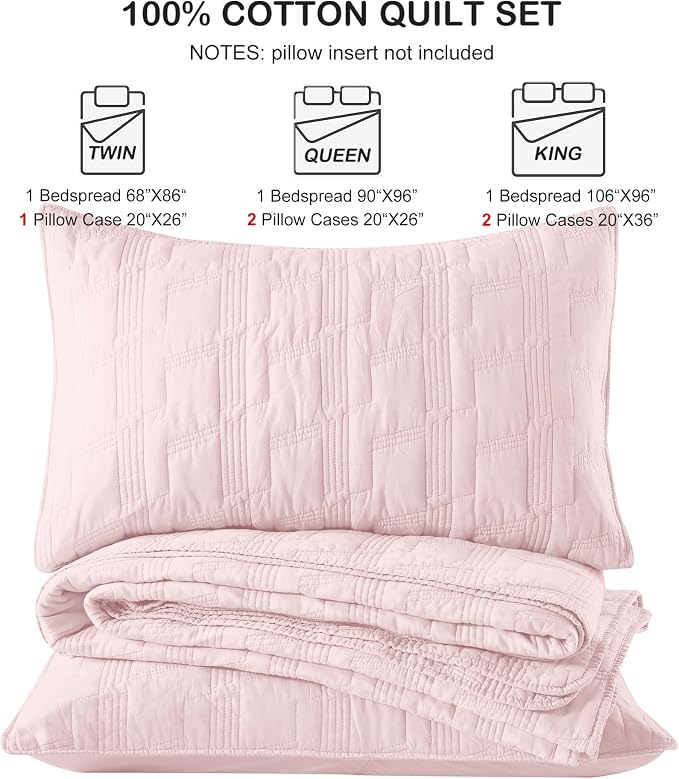 HORIMOTE HOME 100% Cotton Quilt Set Queen Size, Light Pink Pre-Washed 3-Piece Bedspread Coverlet Set, Cozy Lightweight Stitching Bedding Cover with 2 Shams in Geometric Pattern for All Season