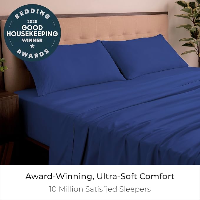 Mellanni Iconic 4-Piece, Ultra Soft Sheet Set (California King, Royal Blue) | 10M+ Sleepers. Lab-tested: Sleeps Cool, Stays Bright, Strong, Smooth. Good Housekeeping Best Bedding, 7 yrs running.