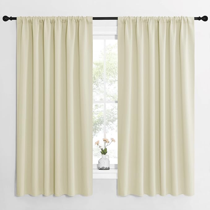 NICETOWN Blackout Curtains for Bedroom, Home Decorations Thermal Insulated Solid Rod Pocket Blackout Drapes for Cafe (Beige, One Pair, 62 x 63-inch)