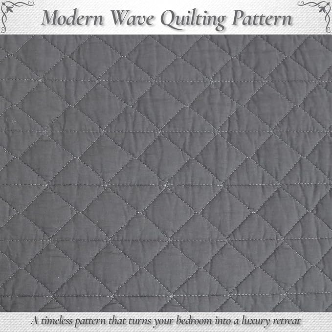 Cozy Line Home Fashions 100% Cotton Quilt Set – 3-Piece Charcoal Gray Solid Classic Modern Quilted Bedspread with Shams, Lightweight All Season Modern Bedding (Diamond Gray, King)