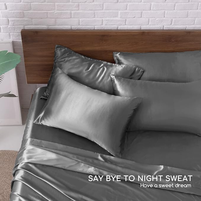MR&HM Satin Sheets Queen Size with Elastic Corner Straps, Dark Grey | Similar to Silk, 6-Piece Silky Soft Bed Sheet Set, Gentle on Skin and Hair, 15" Deep Pocket, Cooling & Breathable
