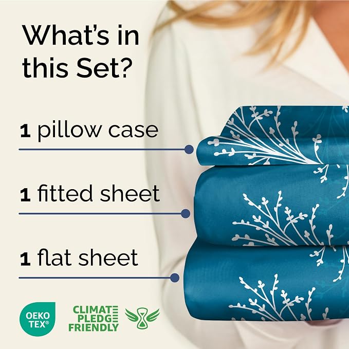 Twin XL 3 Piece Floral Sheet Set - Soft, Breathable & Cooling - Sea Spray | 1 Flat, 1 Fitted & 1 Pillowcase w/ Deep Pockets, Boho Botanical Floral Bedding, Breathable & Cooling, Wrinkle & Fade Free