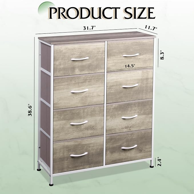 WLIVE Fabric Dresser for Bedroom, Tall Dresser with 8 Drawers, Storage Tower with Fabric Bins, Double Dressers, Chest of Drawers for Closet, Living Room, Hallway, Greige | Greige 8-drawer tall storage tower with fabric bins and wood tabletop, breathabl...