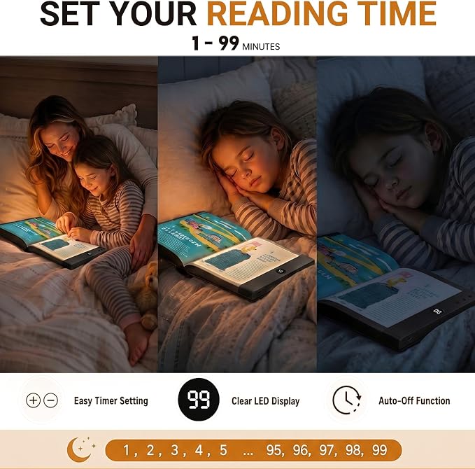 30 LED Book Light & Night Light 2 in 1, Flat Book Light Black | Rechargeable Book Page Light with 3 Color Temperatures, Stepless Dimming & 1-99 Min Sleep Timer, Ideal Gift for Readers