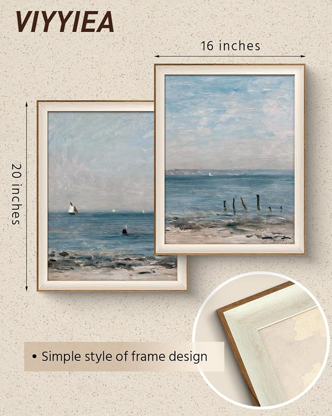 VIYYIEA Framed Coastal Wall Art Set of 2, Impressionist Beach Seascape Canvas Prints, Nautical Ocean Theme Home Decor, Elegant Wall Decor for Living Room Bedroom Office Bathroom, 16x20 Inch