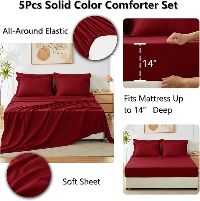 Twin XL Comforter Dark Red, 5 Pieces Bed in a Bag | College Dorm Essentials, OEKO-TEX Certified, 240GSM Down Alternative Comforter, Flat & Fitted Sheets, Pillowcase & Sham