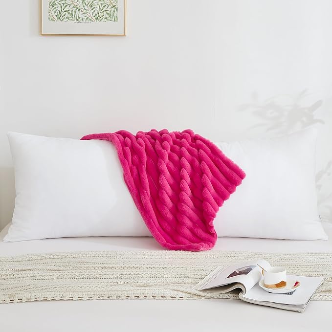 Full Body Pillow with Fluffy Stripe Faux Fur Removable Cover, Long Bed Pillow Adult 20x54 Inches for Side Sleeper and Pregnancy, Hot Pink.
