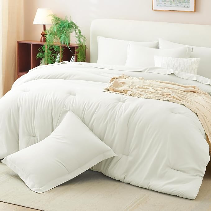 Queen Comforter Set Ivory, 7 Pieces Bed in a Bag | OEKO-TEX Certified, All-Season, Bedroom, 240GSM Down Alternative Comforter, Flat & Fitted Sheets, 2 Pillowcases & 2 Shams