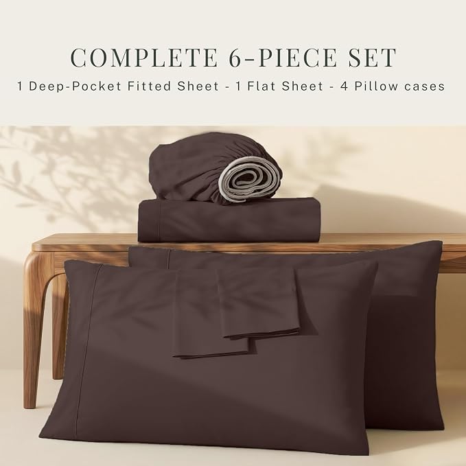 Hearth & Harbor Extra Deep Pocket Sheets - Fits Mattress 18-24 Inches Deep - Extra Deep Pocket California King Size - 6 Piece Cal King Sheets - Cal King, Brown