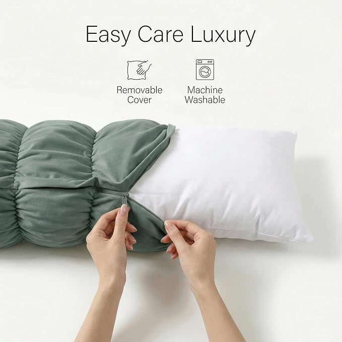 Pat. Pend. Segmented Body Pillow for Side Sleepers, 47 Inch, Green | Full body pillow for adults with a removable, washable soft velvet cover; long bed pillow design for side sleeping.