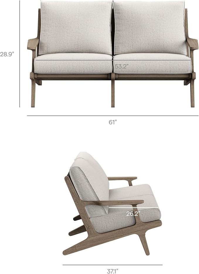 Modway Saratoga Teak Outdoor Patio Loveseat in Weathered Gray Pebble – 2 Seater Outdoor Couch with Weather-Resistant Cushions – Wooden Porch Loveseat