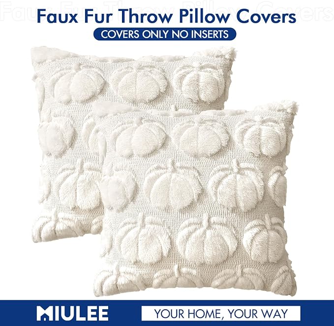 MIULEE Fall Pillow Covers Pumpkin Fall Decor 20x20 Beige | Set of 2 Fall Decorations for Home, Plush Faux Fur Farmhouse Accent Pillowcases, Porch Sofa Couch Cushion Bed Livingroom