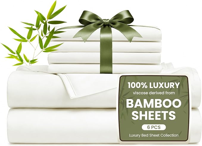 Love's cabin 6 Piece Queen Sheet Set, 100% Rayon Derived from Bamboo, Cooling & Breathable, Soft Silky Deep Pocket up to 16", Hotel Luxury Bedding for Hot Sleepers, White