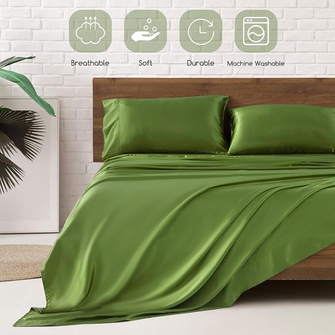 MR&HM Satin Sheets Twin Size with Elastic Corner Straps, Sage | Similar to Silk, 3-Piece Silky Soft Bed Sheet Set, Gentle on Skin and Hair, 15" Deep Pocket, Cooling & Breathable