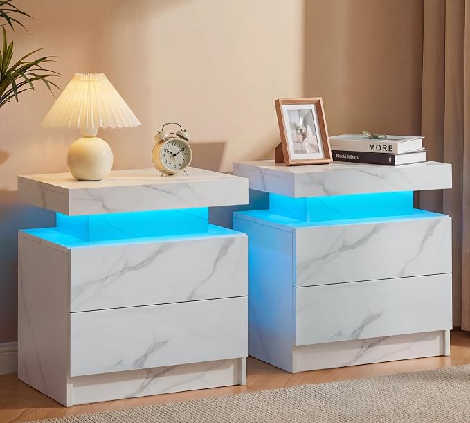 i-aplus White Modern LED Nightstand Set of 2 with 2 Wood Drawer for Bedroom | Nightstands with App-Controlled RGB LED Lights, Night Stand with Storgae Drawer, Modern Bedside Table for Bedroom