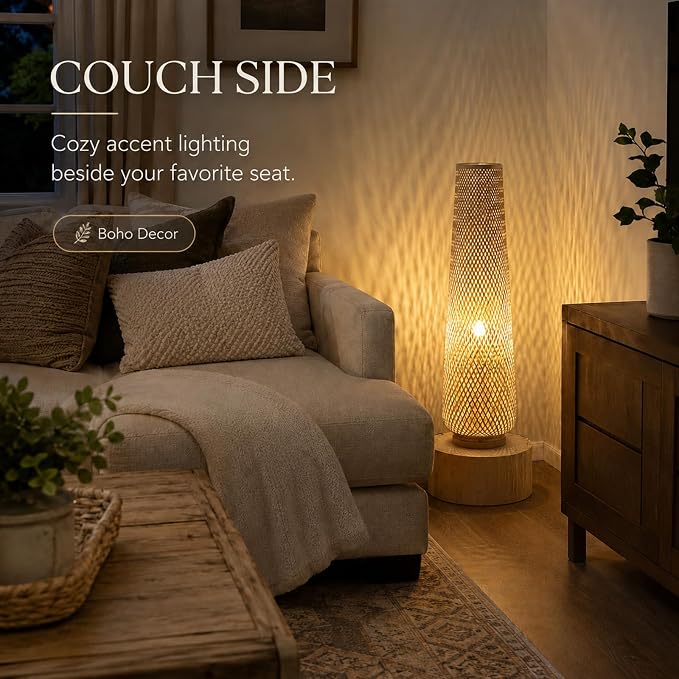 Boho Style Bamboo Woven Floor Lamp for Living Room,36 in,Cozy Decor | Handcrafted Wicker Shade,Unique Shadow Pattern,No Assembly Required,3000K Warm Ambient Lighting,Suit for Bedroom Corner