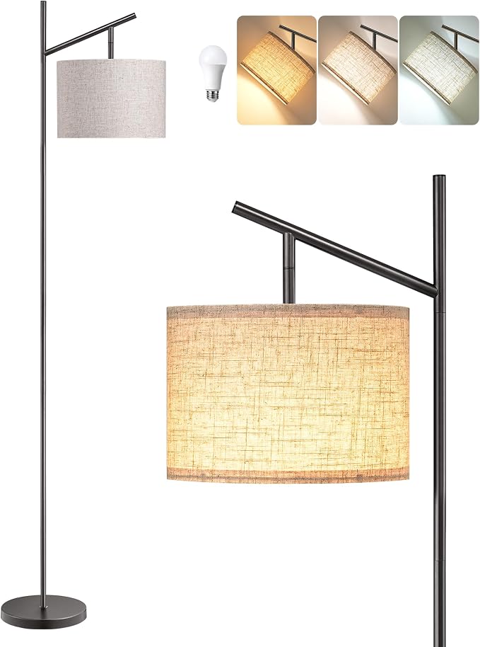 EDISHINE Modern Black Floor Lamps for Living Room, 64.7" Arc Standing Lamp | 3 Color Temperatures, Bulb Included, Adjustable Linen Shade, Foot Switch, Minimalist for Bedroom, Office, Nursey