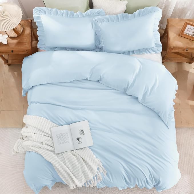 Andency Light Blue Ruffle Duvet Cover King, Shabby Chic Bedding Set | 3 Pieces Soft Washed Polyester Vintage Ruffled Comforter Cover Set with Zipper Closure & Corner Ties, 104x90Inch
