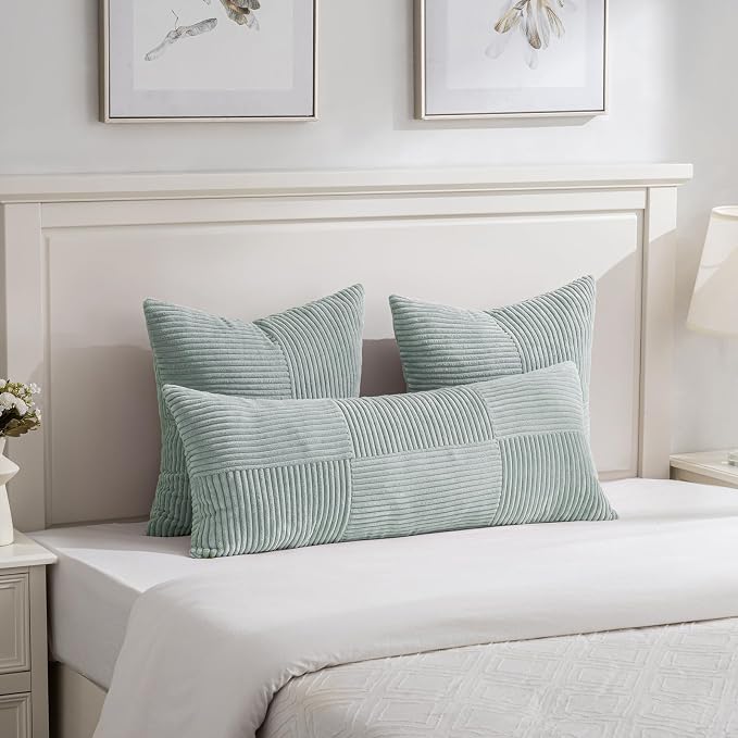 Fancy Homi Set of 2 Grey Blue Boho Long Lumbar Body Decorative Throw Pillow Cover 14x36 Inch for Bed Couch Bedroom Bench, Soft Patchwork Corduroy Textured Pillow Case, Rustic Farmhouse Room Décor