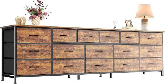 Huuger 77.6" Long Dresser for Bedroom, 16 Drawer Fabric Dresser for Closet, Wide Chest of Drawers with Storage, TV Stand for 65, 75, 85 Inch TV, 77.6" W x 13" D x 26.4" H, Rustic Brown