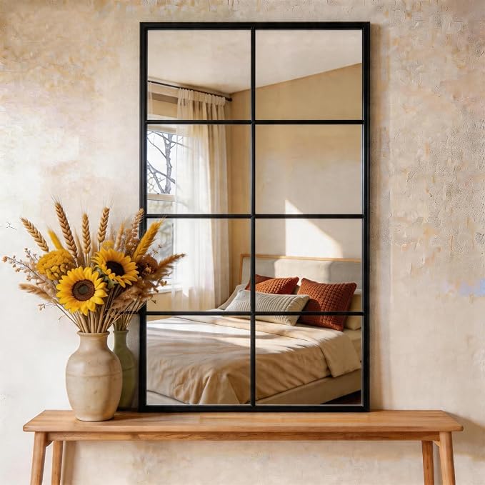DUMOS Wall Mirrors 16" x 32", Set of 2 Rectangle Window Pane Decorative Mirrors, Black Metal Framed Wall Mounted Mirror for Bathroom, Bedroom, Entryway