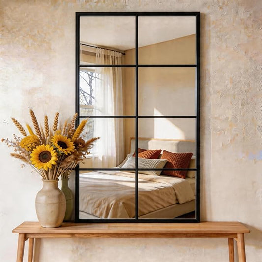 DUMOS Window Pane Wall Mirror, 16x32 Inch Black Framed Mirrors for Wall Decor Living Room, Black Metal Framed Big Square Mirror for Bathroom, Bedroom, Entryway