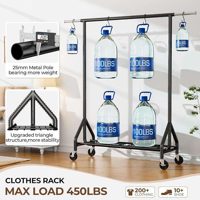 HYSEYY Heavy Duty Clothes Rack Load 450 LBS, Metal Garment Rack, Standing Rolling Clothing Rack for Hanging Clothes with Sturdy Wheels & Shelves, Portable Closet Wardrobe Rack,Black