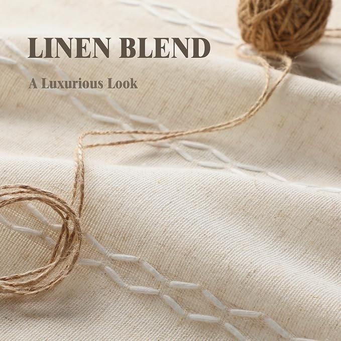 Boho 100% Blackout Curtains 63 Inch 2 Panels Linen Blend Beige | Vintage Farmhouse Rod Pocket, White Cotton Embroidery and Tassel, Bedroom, Living Room, Insulation and Room Darkening