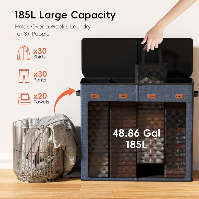 Laundry Hamper 4-Section with Lid, 185L Laundry Sorter with 4 Removable Bags + 1 Extra Large Bag, Switchable 3/4 Compartment, Laundry Basket Organizer for Bedroom, Laundry Room，Navy Bule