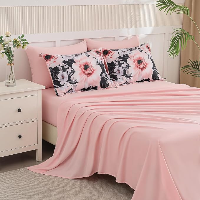 Yogeneg King Size Comforter Set 7 Piece Bed in a Bag,Pink Black Floral Botanical Pattern Blush Bedding Set,Soft Microfiber Comforter with Sheet Set,All Season Bed Set(Pink Black,King)