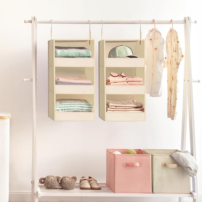 GRANNY SAYS 3-Shelf Hanging Closet Organizer, Foldable Storage, Khaki | 33 lb Capacity, No-Sag Support, Keeps Clothes Neat, Folds Flat, Fits RV, Dorm & Small Closets, 2 Pack