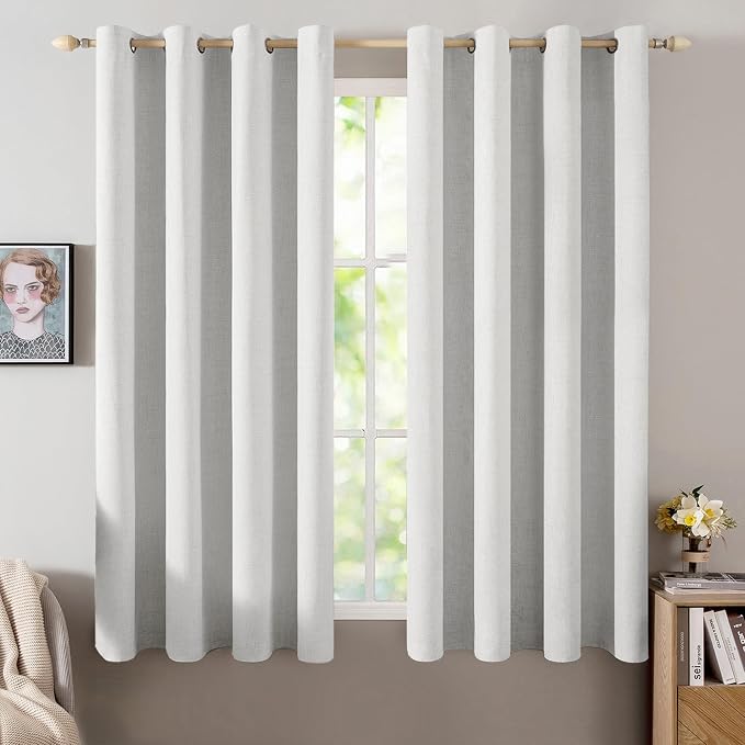 MIULEE 100% Blackout Linen Curtains for Bedroom 52x54 Inch Heathered White | Room Darkening, Light Blocking, Thermal Insulated, Grommet Top, Linen Textured, Window Curtains for Living Room, 2 Panels