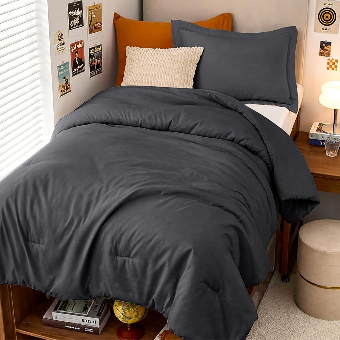 Twin/Twin XL Comforter Set, All Season Ultra Soft Down Alternative Bedding - 3 Piece Lightweight Bed Set Includes 1 Comforter (68"x88") and 1 Pillow Shams (20"x26"), Dark Grey
