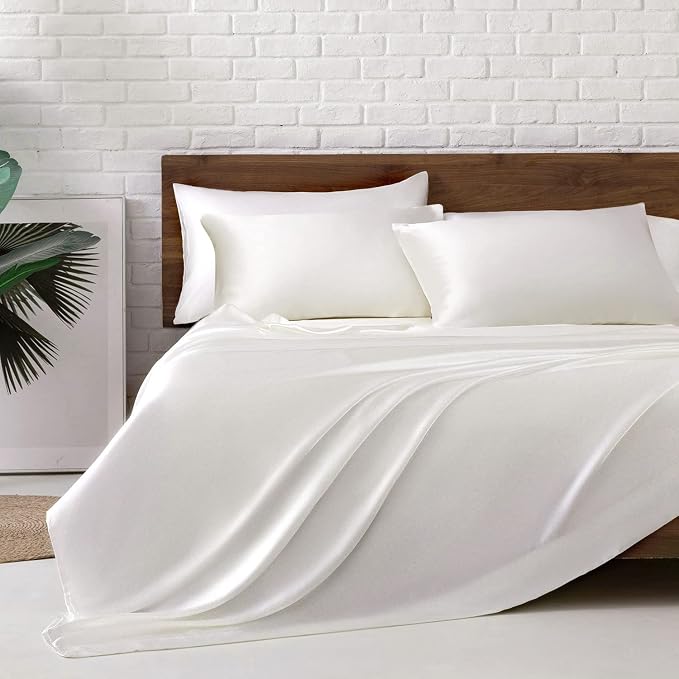 MR&HM Satin Sheets King Size with Elastic Corner Straps, Ivory | Similar to Silk, 6-Piece Silky Soft Bed Sheet Set, Gentle on Skin and Hair, 15" Deep Pocket, Cooling & Breathable