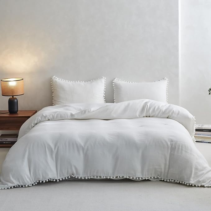 Simple&Opulence French Linen Blended Duvet Cover King, Flax Viscose Derived from Bamboo Bedding Set with Pom Pom Trim Soft Cooling for Hot Sleepers, 1 Boho Comforter Cover and 2 Pillow Shams, White